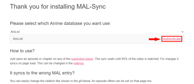 An image of MAL-sync's authentication toolbar.