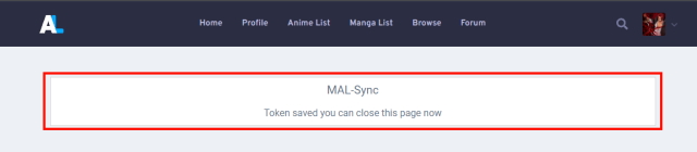 An image of the confirmation of the token in the MAL-sync page.
