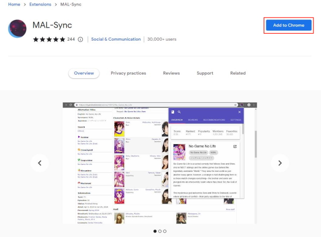 An image of MAL-Sync chrome web store page.