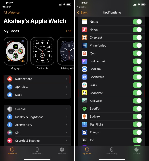 toggle on snapchat notifications in apple watch app