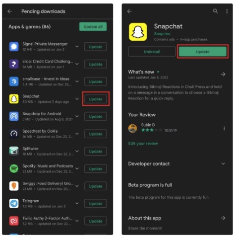 تحديث سناب شات android