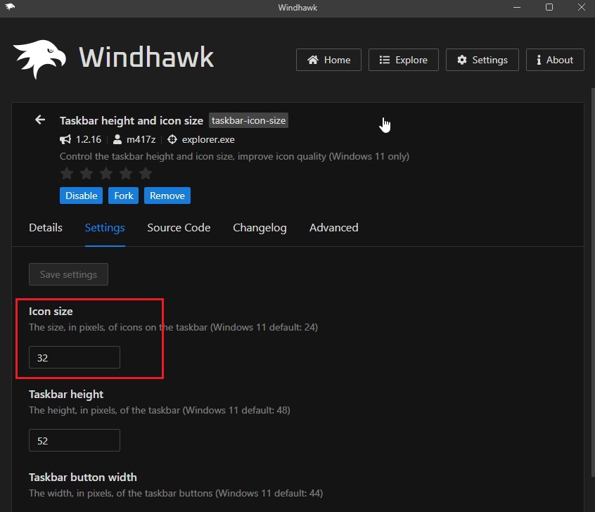 windhawk mod to change taskbar size on windows 11