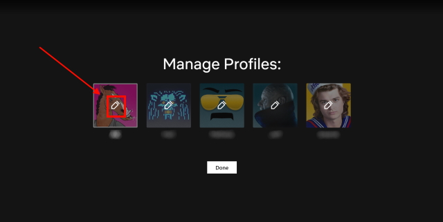 Netflix profile selection screen with edit profile button highlighted