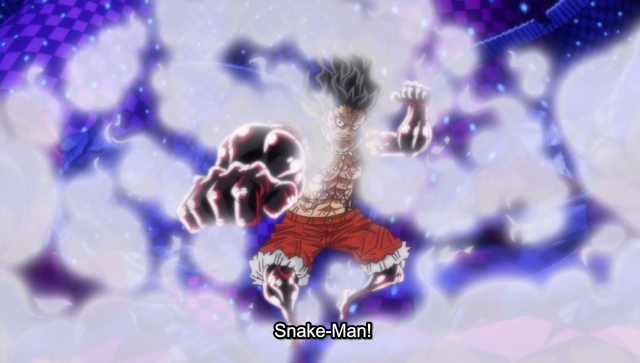 An image of Luffy's fourth gear: snakeman from One Piece.