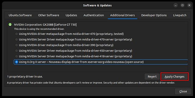 Установите драйверы в Ubuntu из программного обеспечения и обновлений