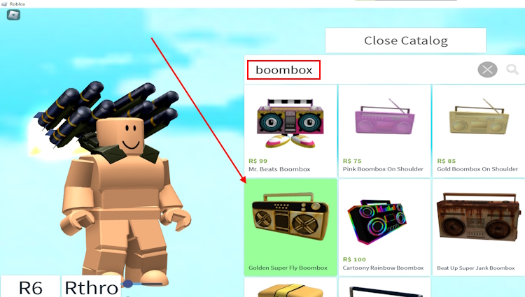 Selecting boombox in Roblox catalog