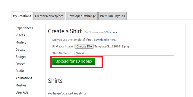 Upload item on Roblox 