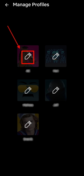 Netflix profile selection screen on Android, with the edit profile button highlighted