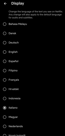 An image of Netflix's display language page on Android Phone.