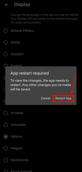 Image showing the 'Restart App' option after changing Netflix language
