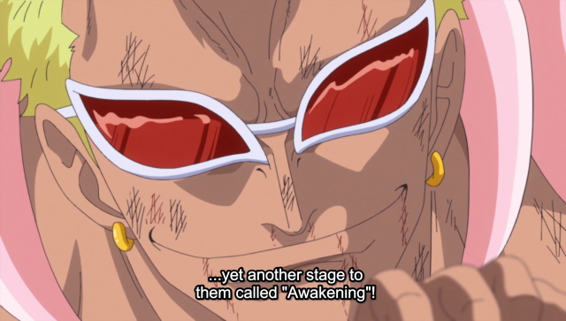 An image of Doflamingo talking about awakening from One Piece.