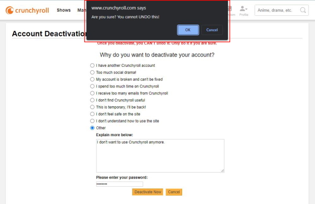 An image of the pop-up box in Crunchyroll Delete Account page