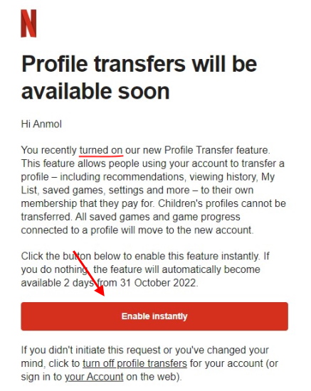 enable profile transfer instantly