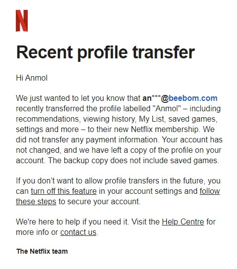 netflix profile transfer intimation to account owner
