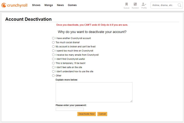 An image of the Crunchyroll's deactivation page.