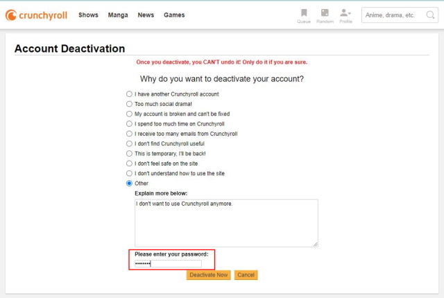 An image of the password section in Crunchyroll's deactivation page.