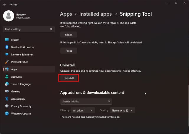 Uninstall the Latest Snipping Tool and Move to the Older Version