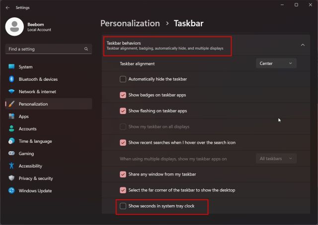 إظهار الثواني في Windows 11 Taskbar Clock (2022)