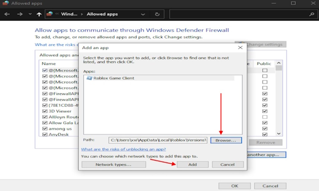 Add Roblox app player to Firewall