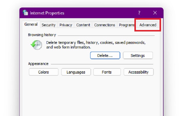 Advanced Tab in Internet Options - Fix Error 279 in Roblox