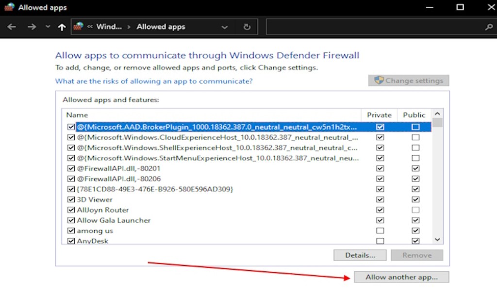 Allow another app in the firewall option