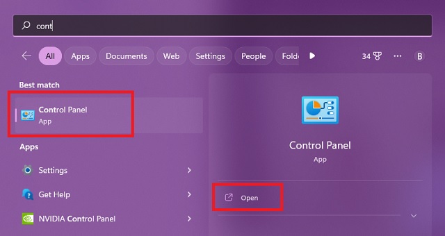 Control Panel in Start Menu -