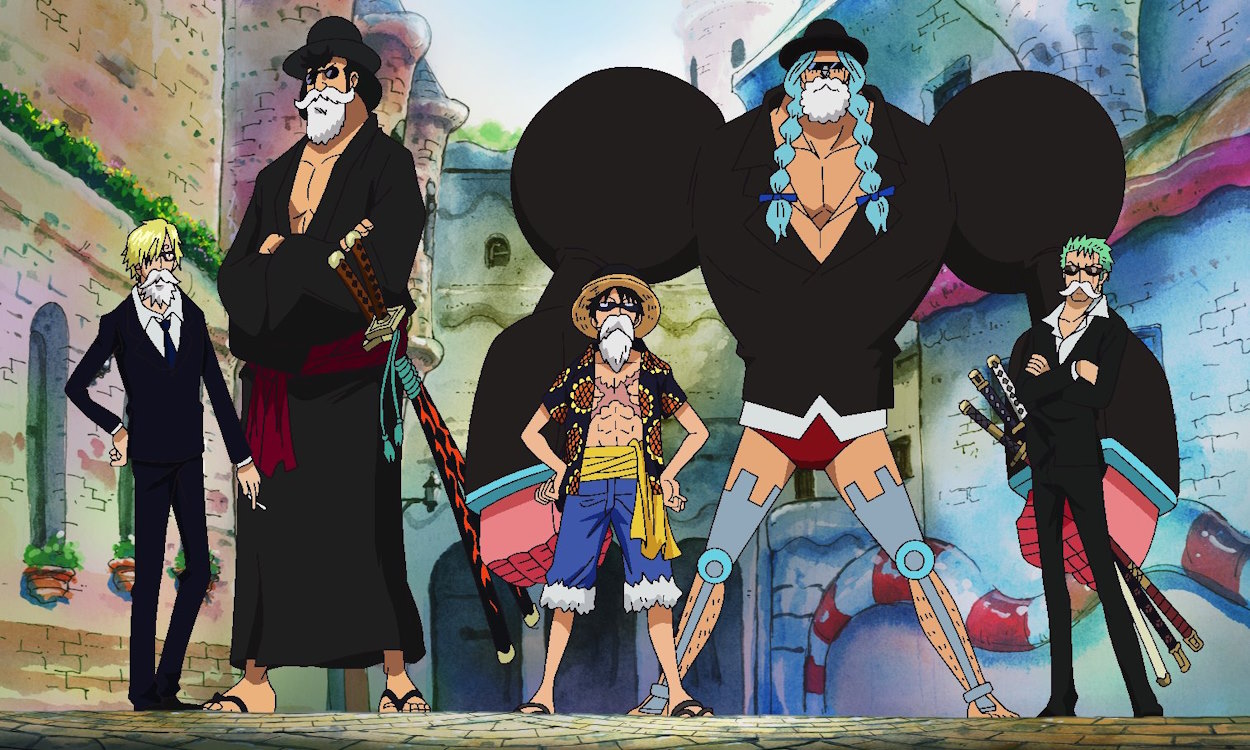 Straw Hat Pirates in disguise in Dressrosa Island.