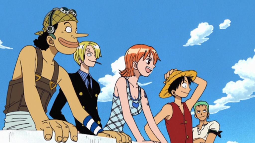 The OG Straw Hat Pirates featuring Usopp, Sanji, Nami, Luffy and Zoro.