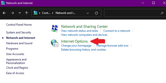 Internet Options in Control Panel