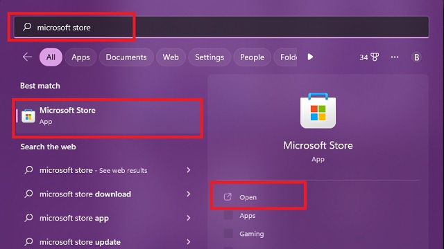 Microsoft Store nella ricerca
