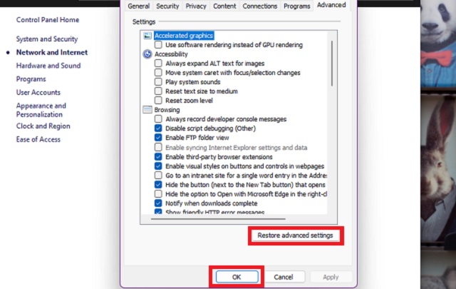 Restore default internet options on Windows