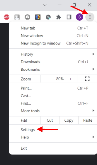 Settings dropdown menu