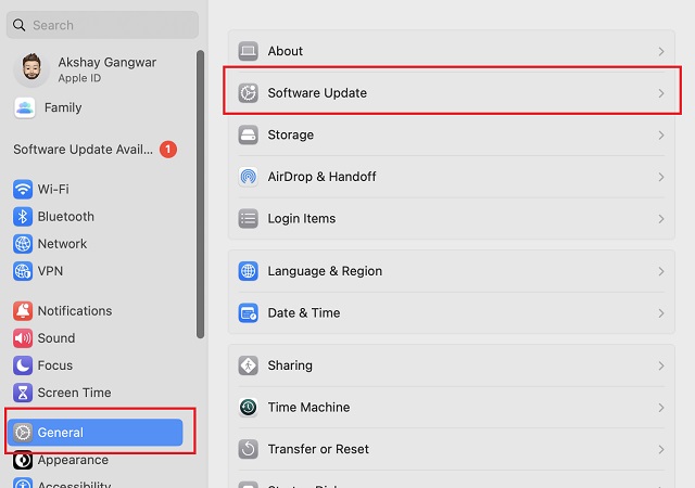 Software Update in General Settings