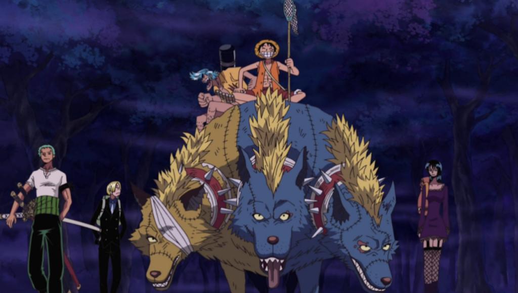 Straw Hat Pirates on their way to Thriller Bark with Three headed dogs.