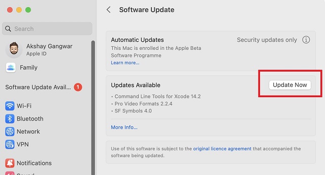 Update Now in Mac