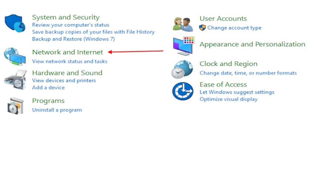 Windows Network and Internet option in Control Panel