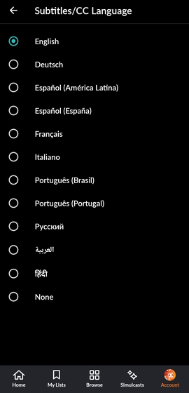 An image of the Crunchyroll's subtitles/cc language page.