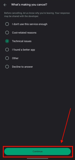Continue button to cancel subscription Google Play Store