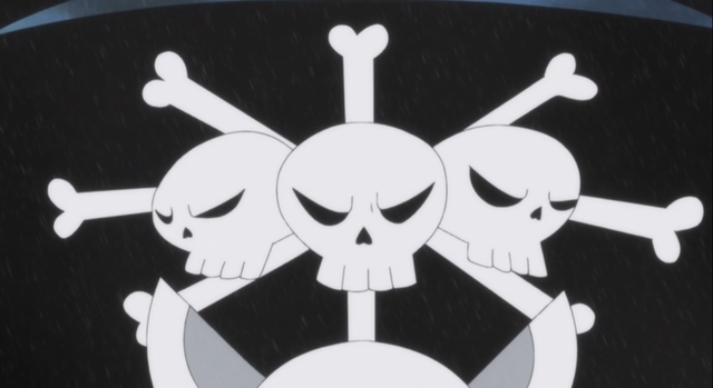 An image of Blackbeard pirates' jolly roger in One Piece.