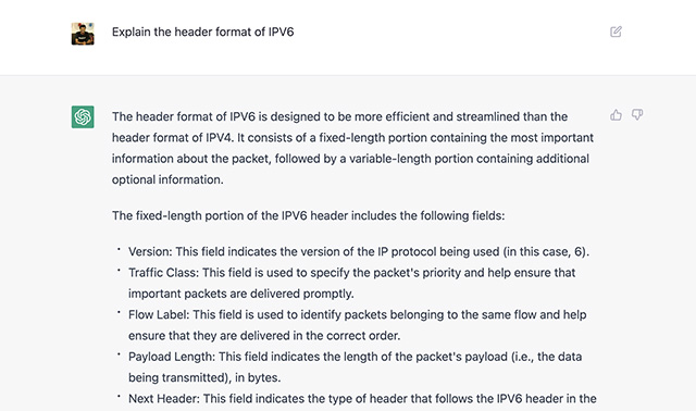chatgpt explaining the header format of ipv6