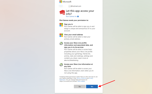 Klicken Sie Auf Ja, Um Den Riot- Und Xbox-Link Zu Authentifizieren