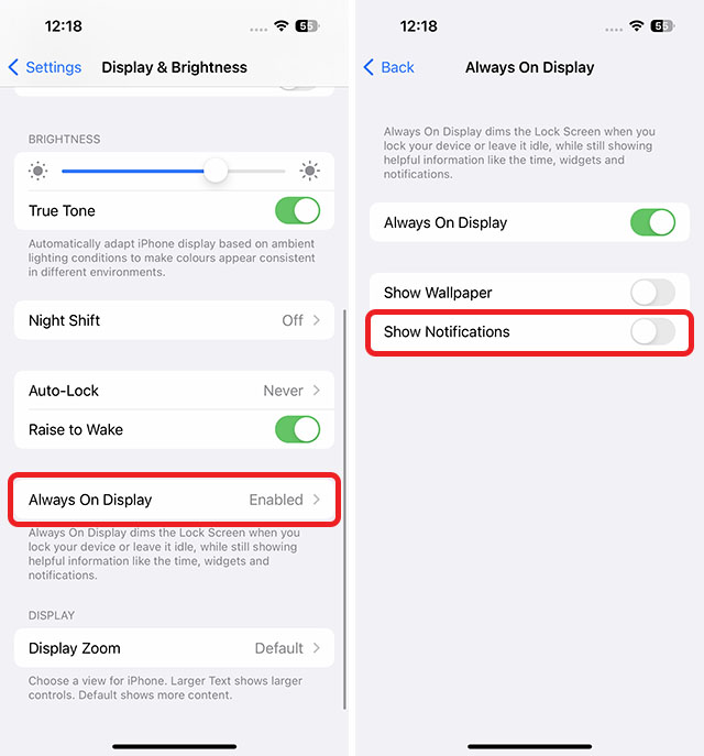 tắt thông báo iphone luôn hiển thị