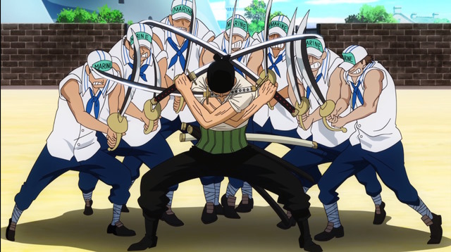 An image of Zoro with dual katanas in One Piece.