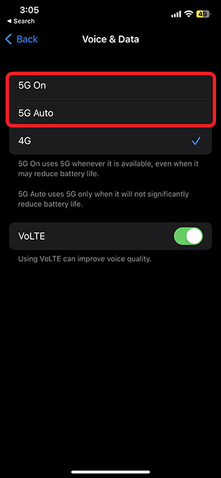 enable 5g auto or 5g on