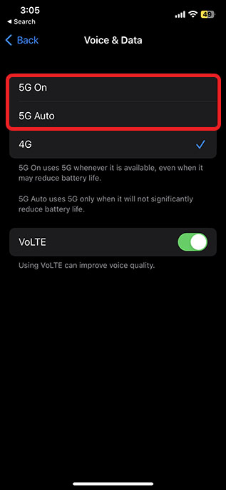 bật 5g auto hoặc 5g on