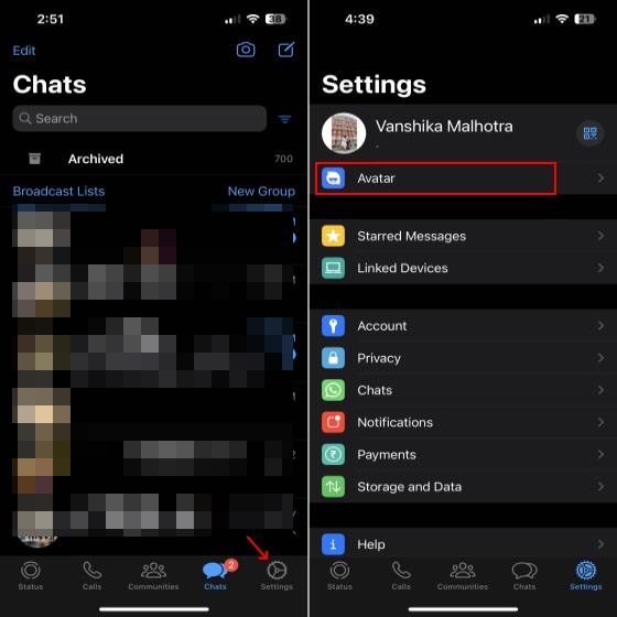 WhatsApp Avatar settings