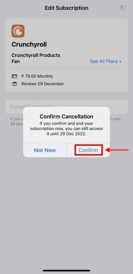 Confirm cancellation of Crunchyroll Subscription