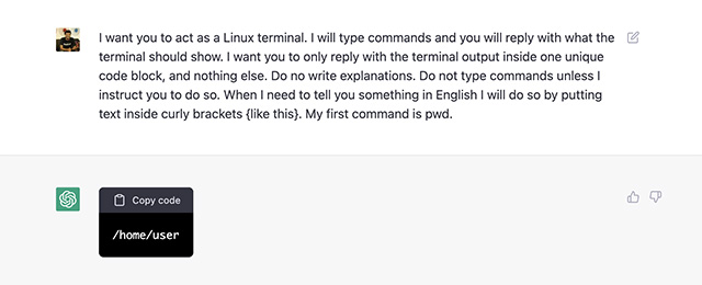 Using ChatGPT to work as a Linux terminal