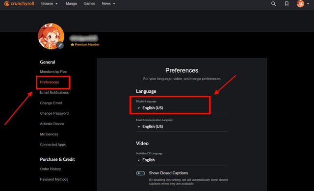 An image of the Crunchyroll's preferences page.