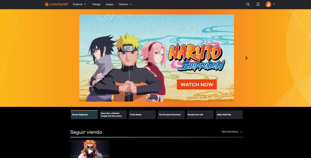 An image of the Crunchyroll's home page.